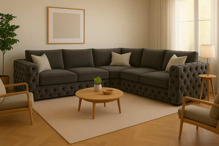 Ashton Full Chesterfield L-Shaped Sofa – Grey Plush, 240×240 cm