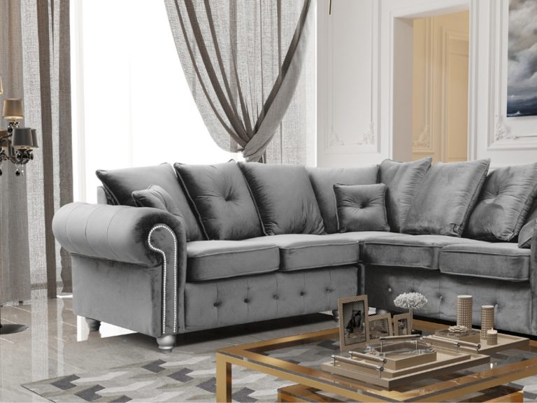 Kensington Corner Sofa - Grey Plush, 240x240 cm with Button Detailing and High-Back Design 3